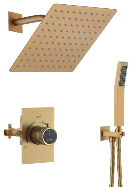 10inch Wall Mount Dual Function Showerhead Thermostatic Shower System, Brushed Gold