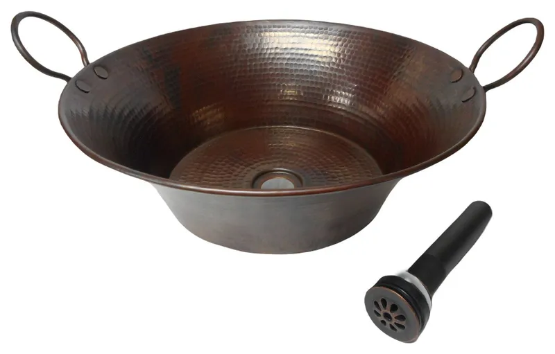 16" Round Cazo with Handles Copper Vessel Bathroom with Drain