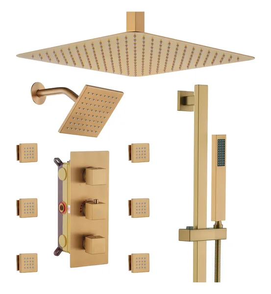 16inch Deluxe Showerhead Dual Shower Head System With Slide Bar and 6 Body Jets, Brushed Gold