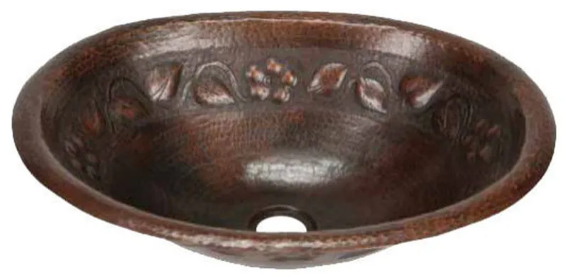 17" Oval Floral Vine Design Copper Bathroom Sink, Medium by SoLuna, Cafe Natural, Flat Rim