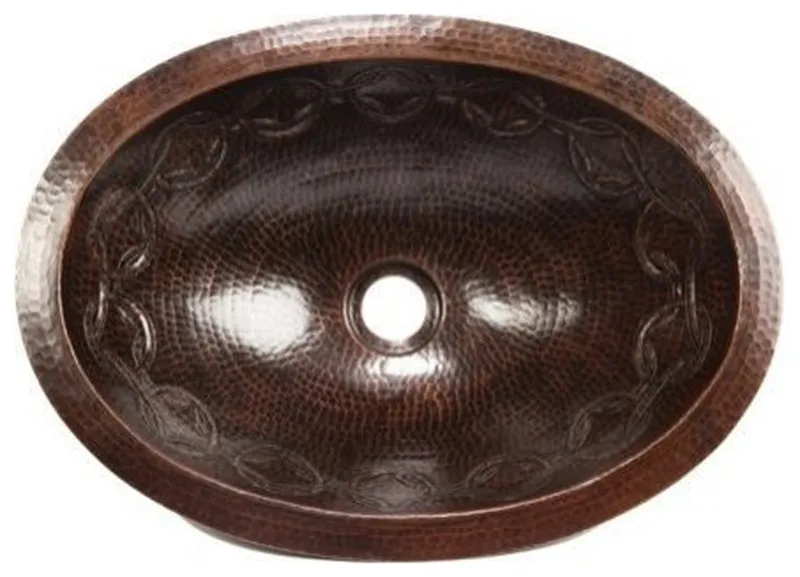 17" Oval Joining Rings Design Copper Bathroom Sink, Medium by SoLuna, Dark Smoke, Rolled Rim