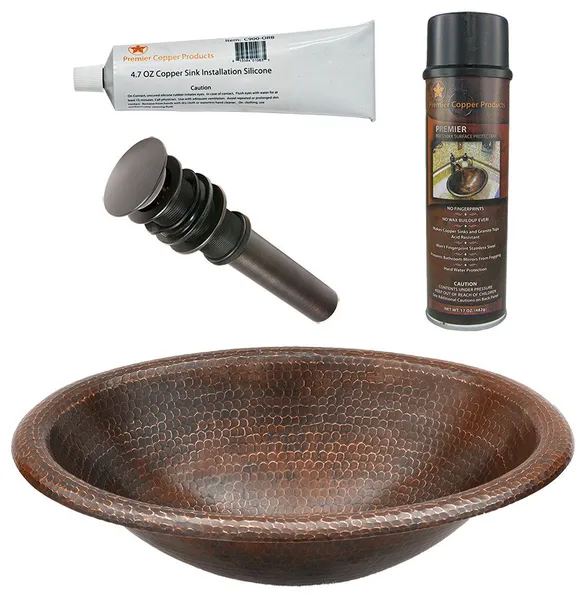 17" Oval Self Rimming Hammered Copper Bathroom Sink, Drain & Accessories