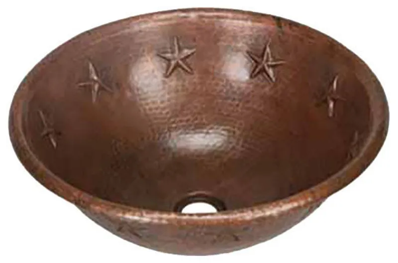 17" Round Star Design Copper Bathroom Sink by SoLuna, Cafe Natural, Rolled Rim