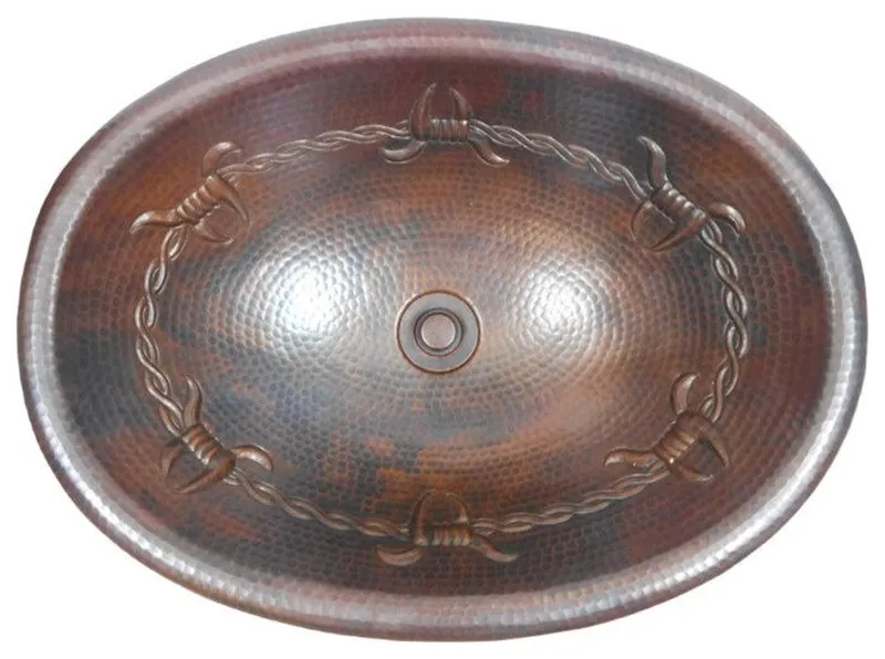 19" Oval Copper Bath Sink BARBED WIRE Design Lift & Turn Drain Included