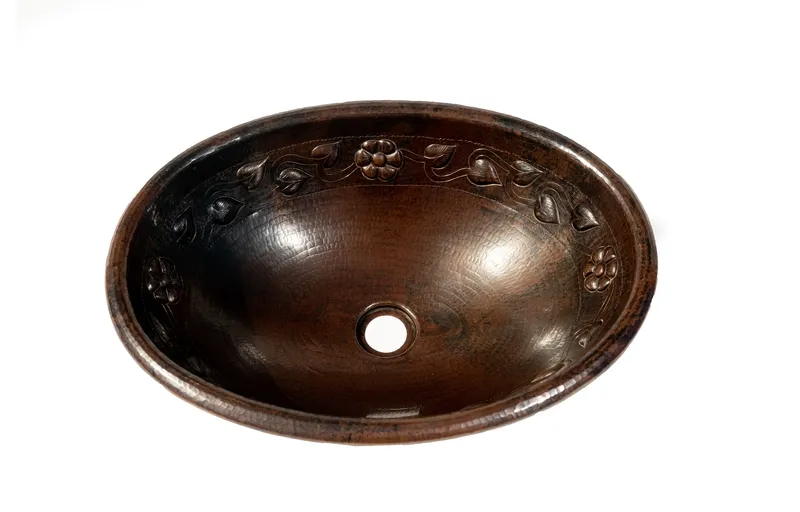 19" Oval Copper Sink with Flower Motif