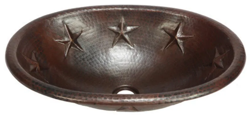19" Oval Texas Star Design Copper Bathroom Sink, Large by SoLuna, Matte Copper, Rolled Rim