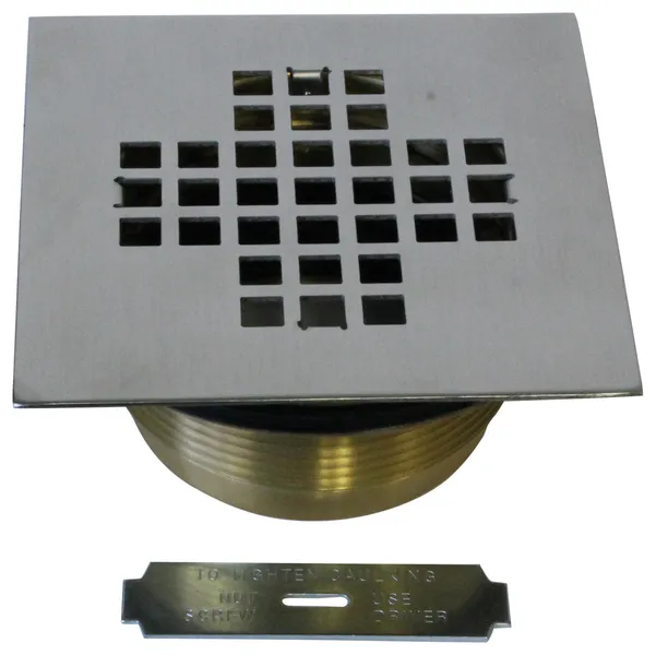 2" Brass Shower Drain With 4-1/4" Square Cover, Satin Nickel, Satin Nickel