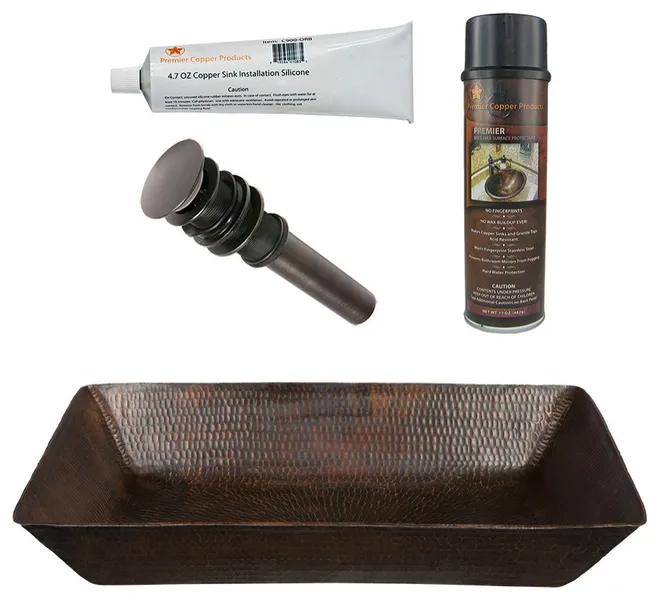 20" Rectangle Vessel Hammered Copper Sink, Drain & Accessories