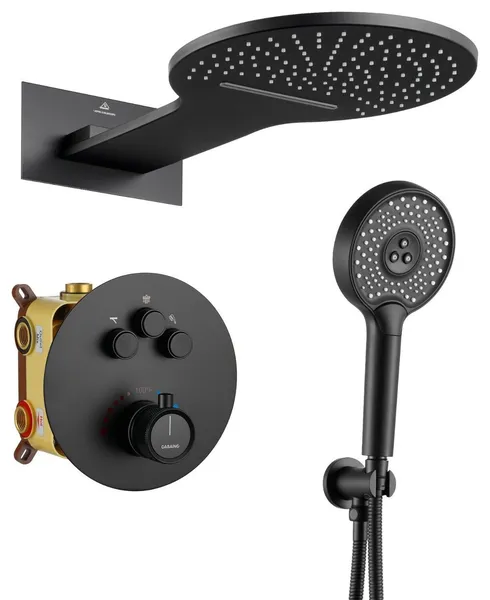 22" Luxury Shower System Set with 3 Way Thermostatic Faucet, Matte Black