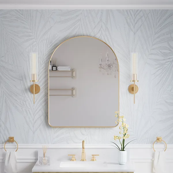 28"x36" Arched Bathroom Wall-mounted Mirror with Aluminum Frame, Brushed Gold