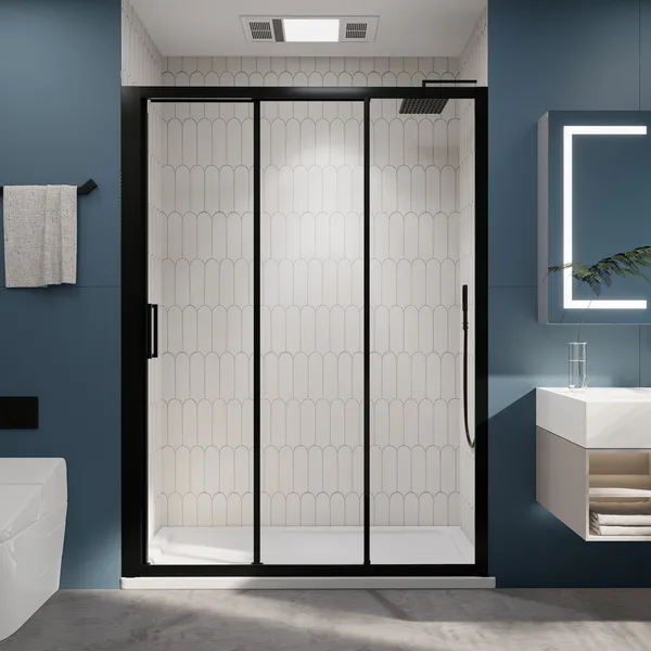 3-Panel Sliding Semi-Frameless Shower Door in Matte Black Finish, 60"x70"