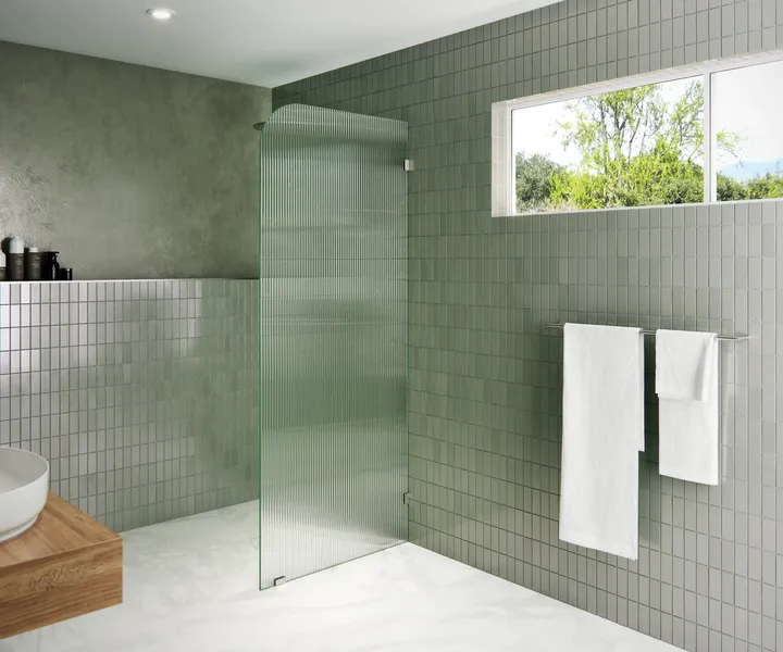 30"x78" Frameless Shower Door, Single Fixed Panel Fluted Radius, Brushed Nickel, 30" Right