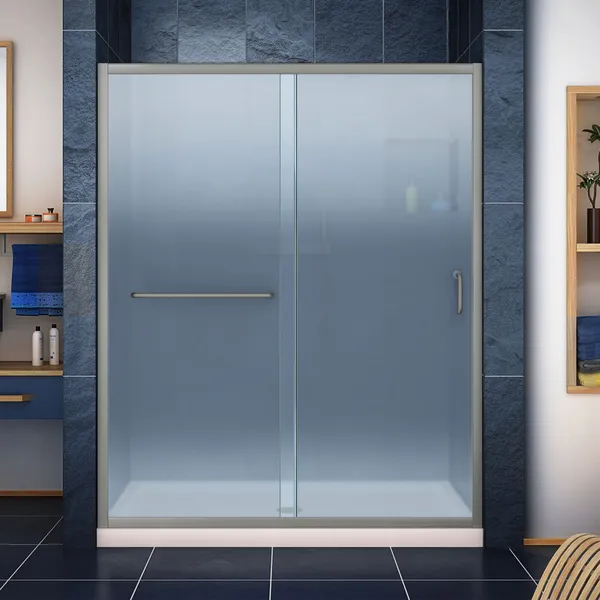 34" Frosted Sliding Shower Door, Brushed Nickel, Center Drain Biscuit Base