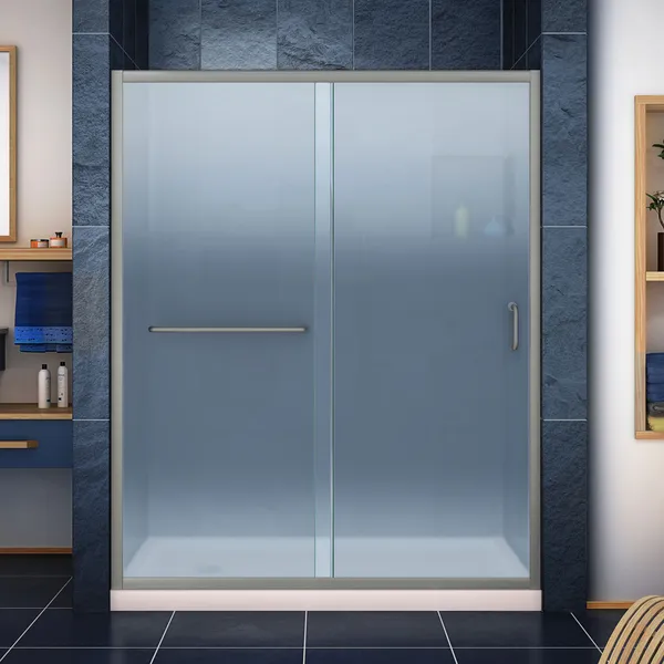 34" Frosted Sliding Shower Door, Brushed Nickel, Left Drain Biscuit Base