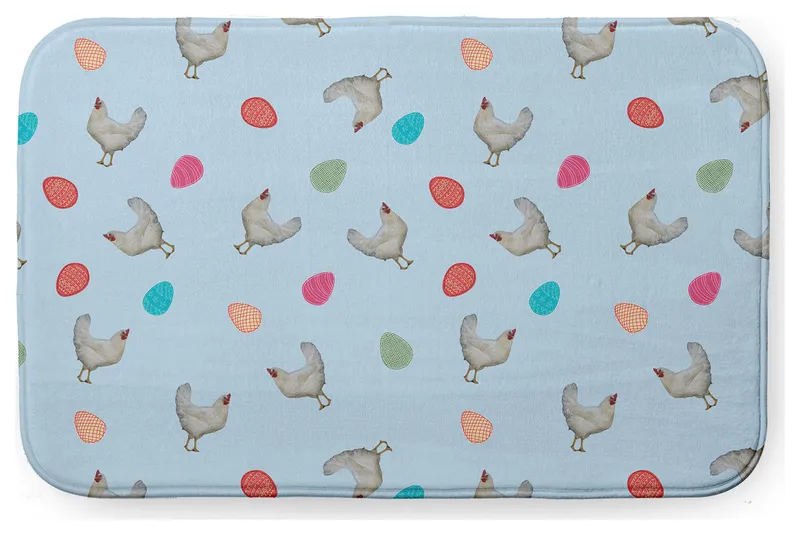 34" x 21" Chickens and Eggs Bathmat, After Rain Blue