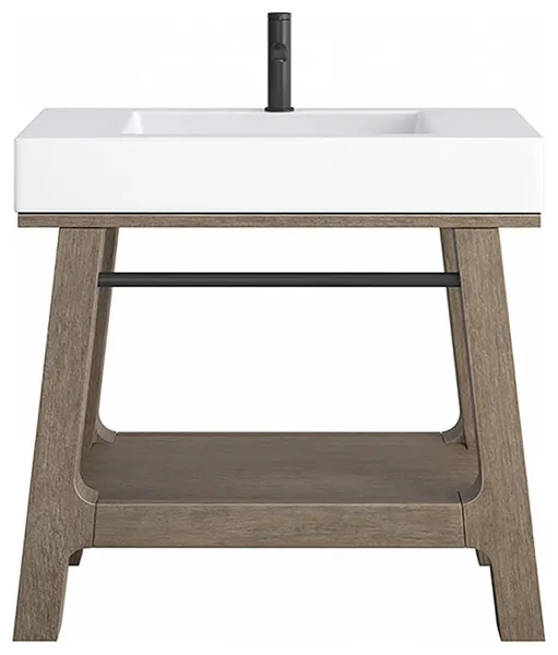 36 Inch Weathered Timber Single Sink Bathroom Vanity White Stone, James Martin