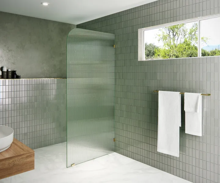 36"x78" Frameless Shower Door, Single Fixed Panel Fluted Radius, Polished Brass, 36" Right