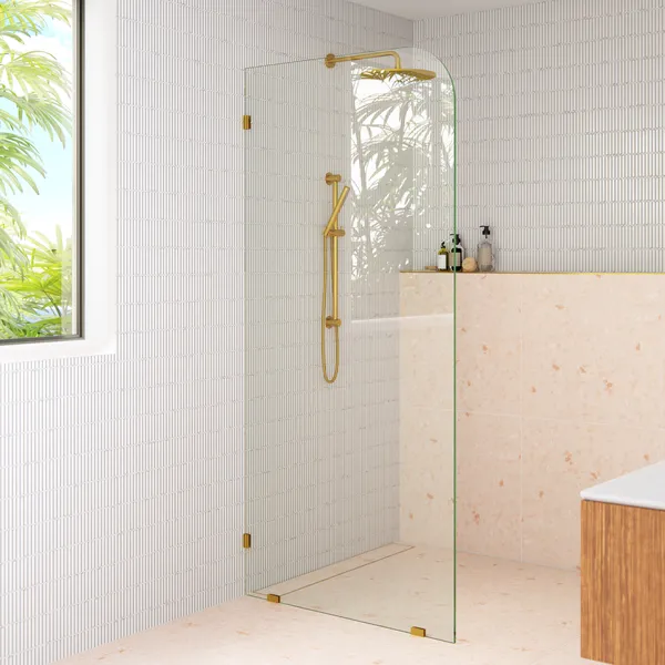 36"x78" Frameless Shower Door Single Fixed Panel Radius, Satin Brass