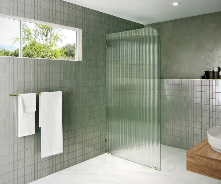 38"x78" Frameless Shower Door, Single Fixed Panel Fluted Radius, Polished Brass, 38" Left