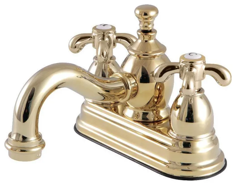 4" Centerset Lavatory Faucet, Heritage Spout, Metal Cross Handle, Polished Brass