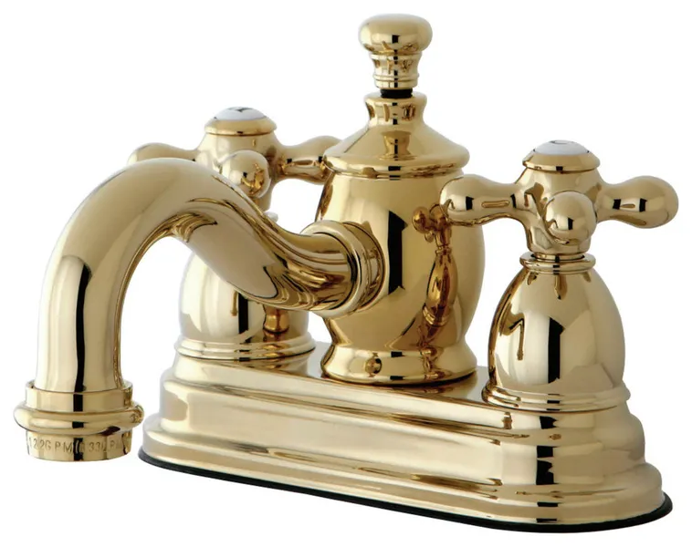 4" Centerset Lavatory Faucet, Heritage Spout, Metal Cross Handle, Polished Brass