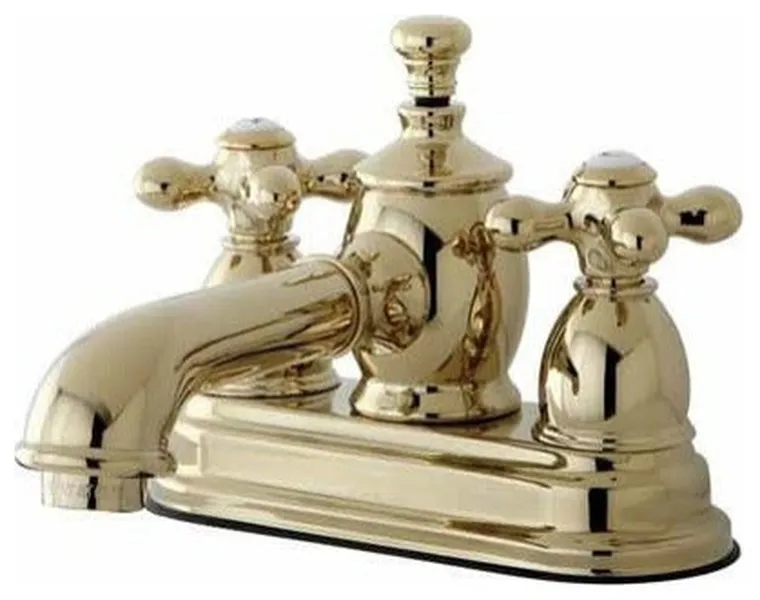4" Centerset Lavatory Faucet, Heritage Spout, Metal Cross Handle, Polished Brass