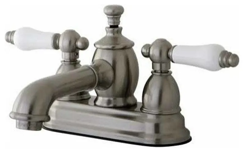 4" Centerset Lavatory Faucet, Heritage Spout, Porcelain Handle, Satin Nickel
