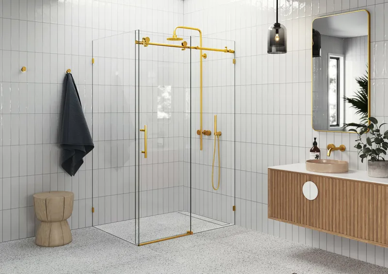 44"-48"x34"x78" Frameless Sliding Shower Door With Return Panel, Satin Brass