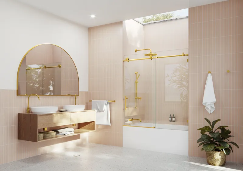 52-56"x60" Frameless Bath Tub Sliding Shower Door, Satin Brass