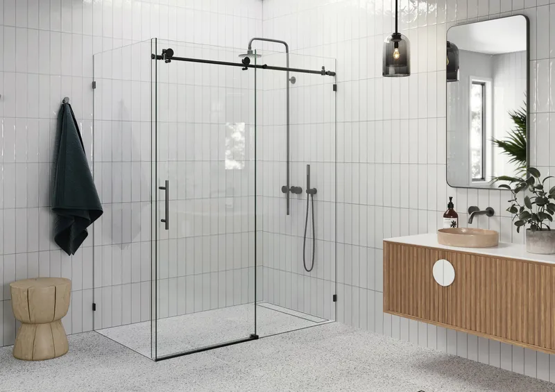 56"-60"x32"x78" Frameless Sliding Shower Door With Return Panel, Matte Black