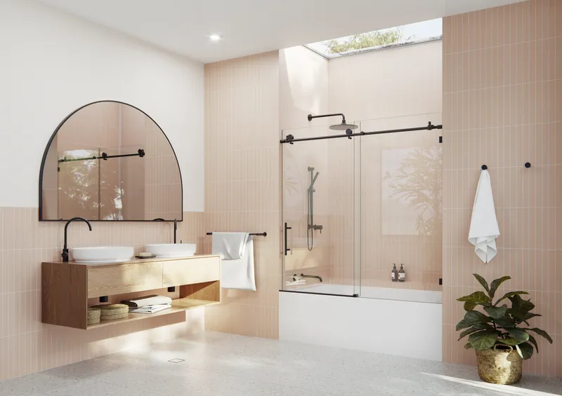 56-60"x60" Frameless Bath Tub Sliding Shower Door, Matte Black