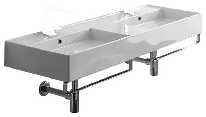 56" Double Wall Mount Sink With Towel Bars Included, 2-Hole