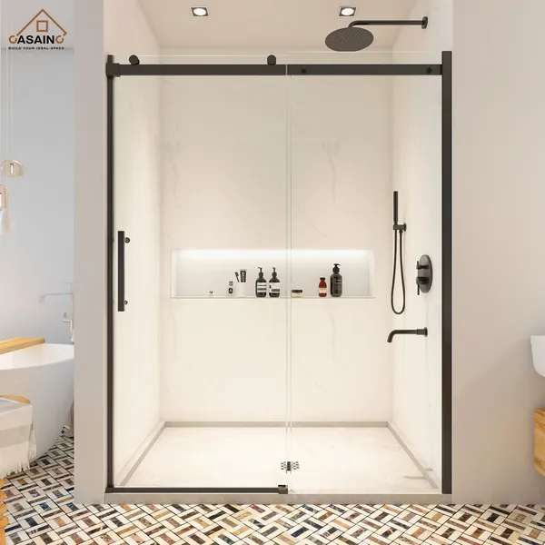 60-in x 76-in Frameless Sliding Shower Door, Matte Black