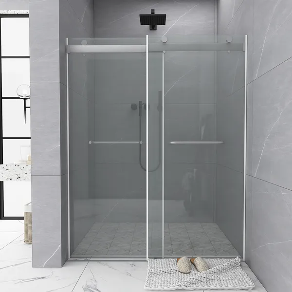 60" W x 76" H Double Sliding Frameless Shower Door, Brushed Nickel