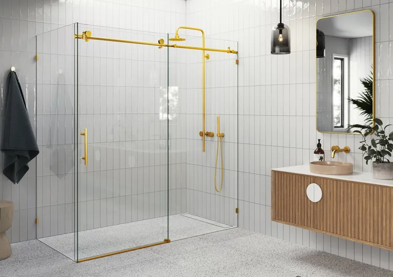 64"-68"x32"x78" Frameless Sliding Shower Door With Return Panel, Satin Brass