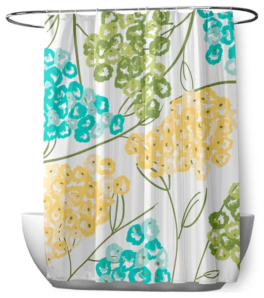 70"Wx73"L, Hydrangeas, Floral Print Shower Curtain, Yellow, 70"x73"