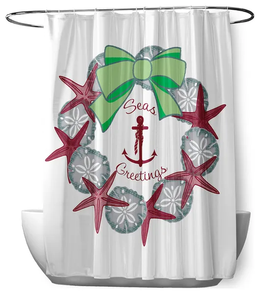 70"Wx73"L Seas and Greetings Wreath Shower Curtain, Maroon