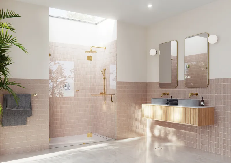 78"x41.75" Frameless Towel Bar Shower Door Glass Hinge, Polished Brass