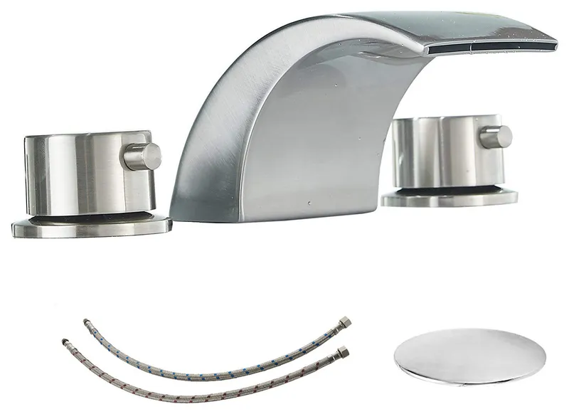 8-16 Inch LED Waterfall Widespread Bathroom Sink Faucet with Pop-up Drain, Brush