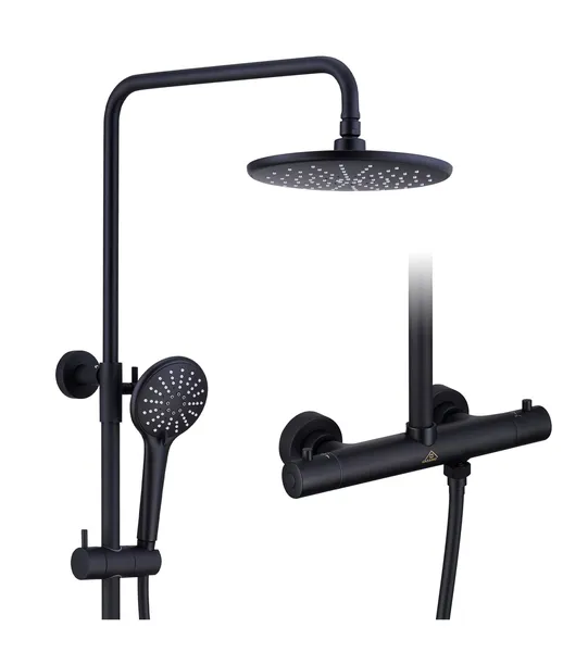9.5 inch Thermostatic Rain Shower Faucet with Slide Bar and Hand Shower, Matte Black