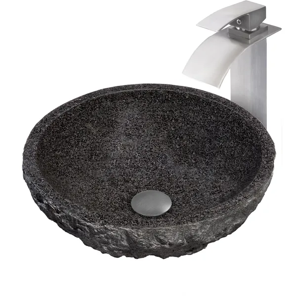 Absolute Natural Granite Stone Vessel Sink Combo with Faucet and Drain, Brushed Nickel