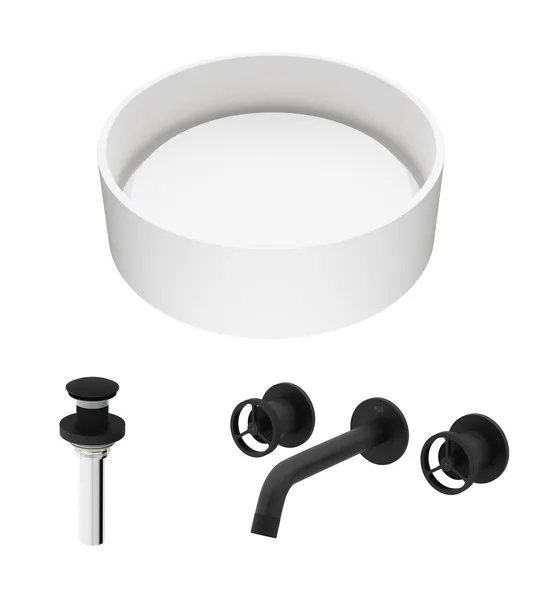 Anvil 16"L x 16"W MatteStone Vessel Sink and Cass Wall Mount Faucet Set
