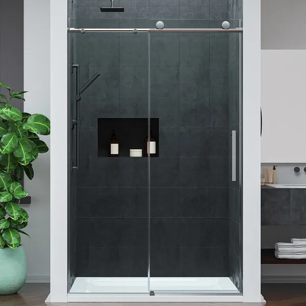 ANZZI 48" Rev Frameless Sliding Deco-Glass Door, Soft-Close, Brushed Nickel