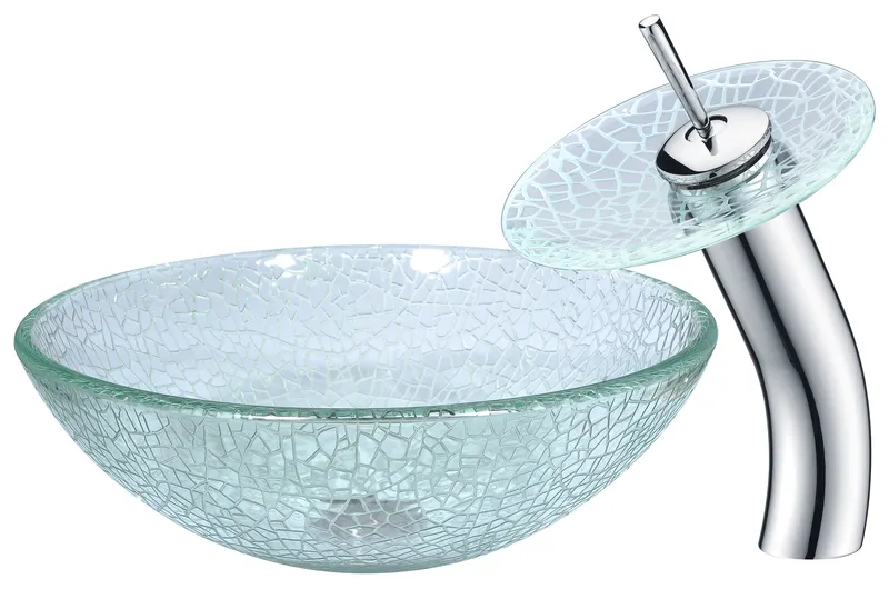 ANZZI Paeva Glass Vessel Sink, Clear Chipasi with Waterfall Faucet
