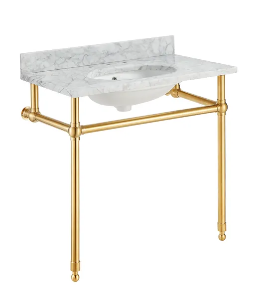 ANZZI Verona 34.5" Console Sink With Carrara White Counter Top, Brushed Gold