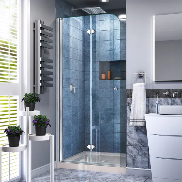 Aqua Fold 32"x32" Frameless Bi-Fold Shower Door,Chrome,Biscuit Acrylic Base Kit