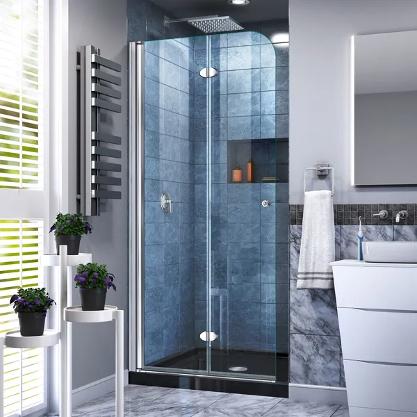 Aqua Fold 36"Dx36"W Frameless Bi-Fold Shower Door,Chrome,Black Acrylic Base Kit