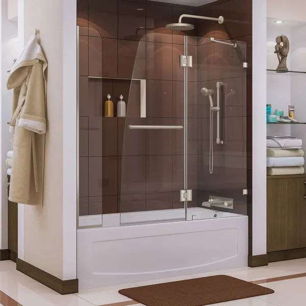 Aqua Lux 56-60" Frameless Hinged Tub Door, Extender Panel, Brushed Nickel