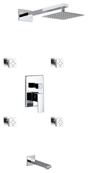 Aqua Piazza Brass Shower Set, 8" Square Rain Shower, 4 Body Jets and Tub Filler
