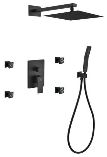 Aqua Piazza Set, 12" Square Rain Shower, Handheld and 4 Body Jets, Matte Black